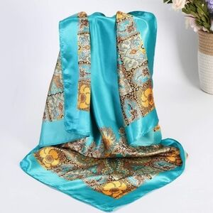 Elegant Teal and Gold Paisley Silk Scarf